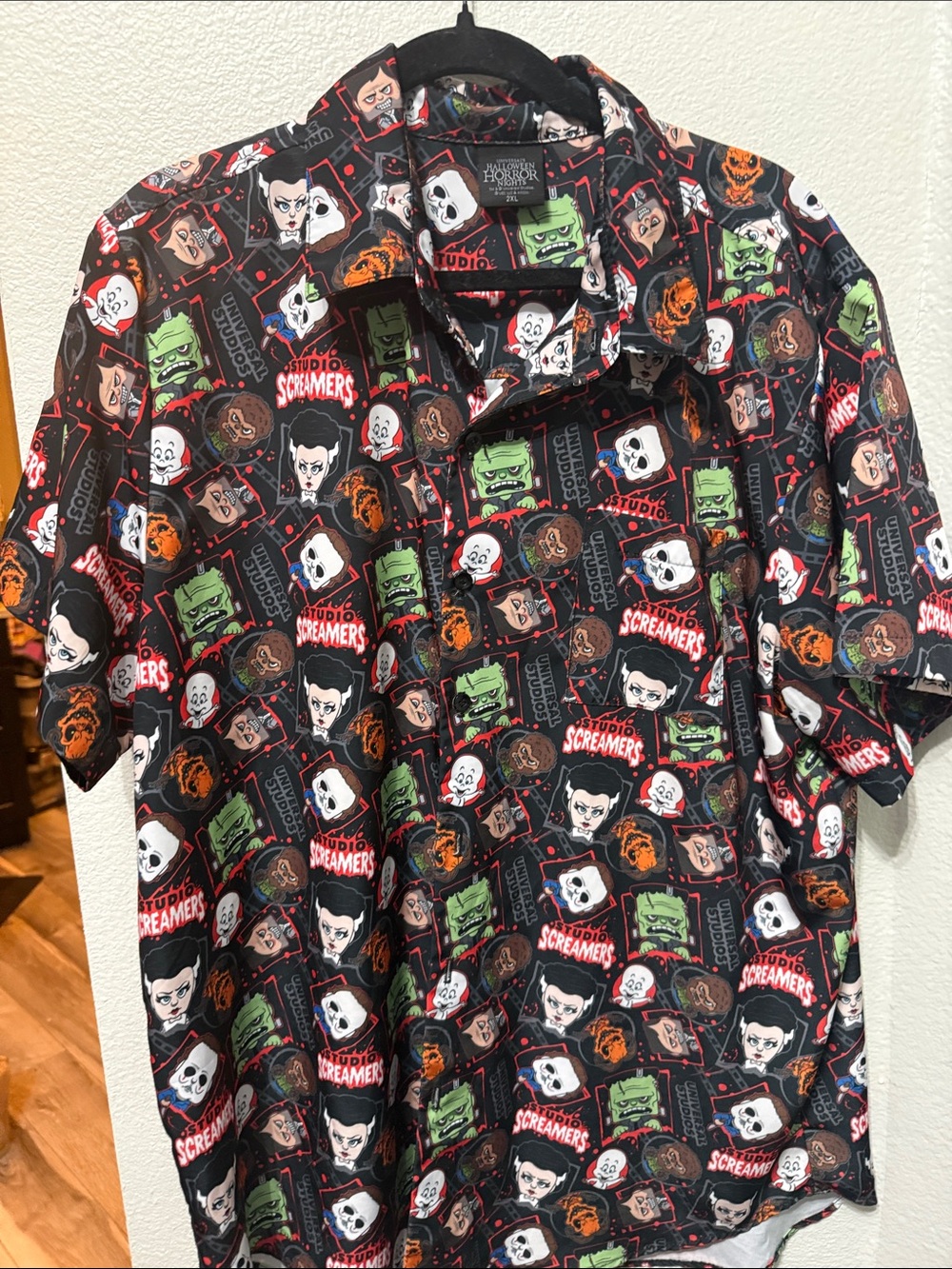 HHN Horror Character Button-Up Shirt in Black with Red, Green & White Accents